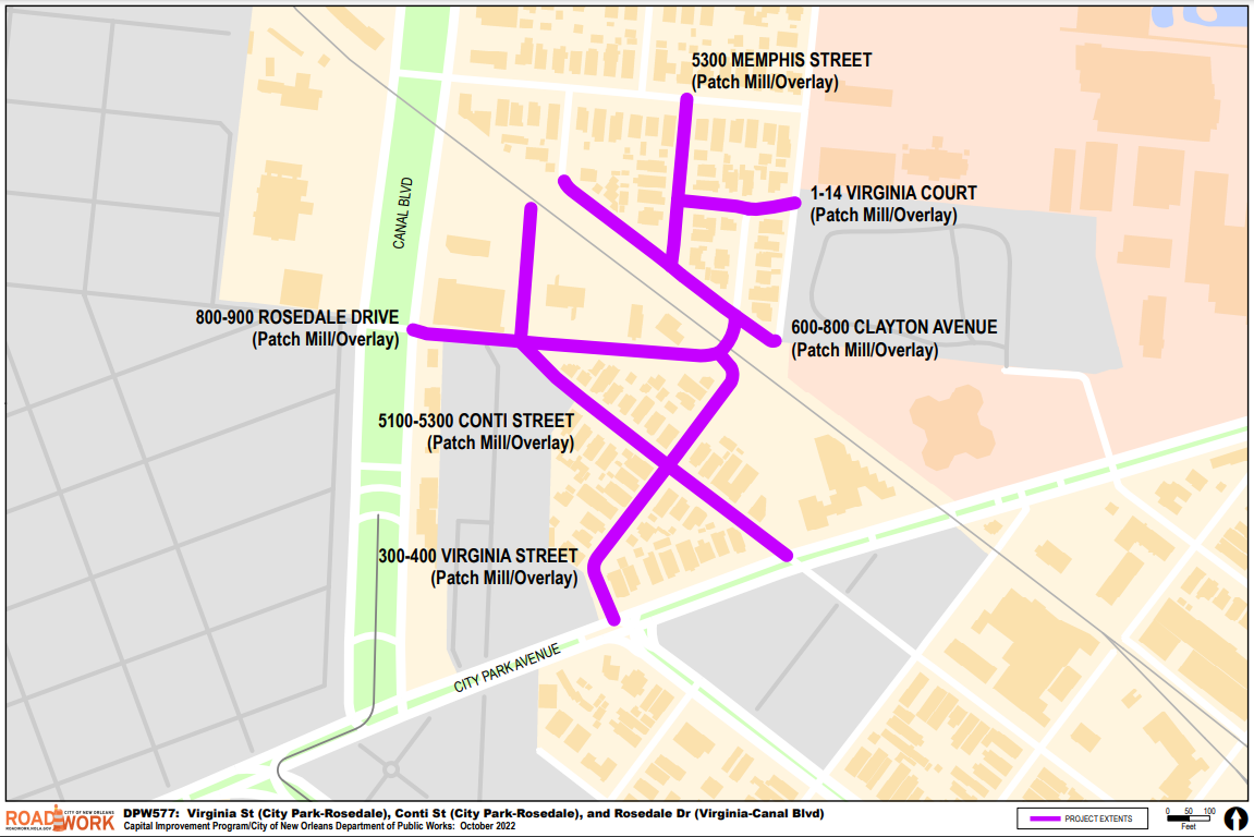 Map of Virginia St (Conti-Rosedale), Conti St (City Park-Rosedale), Rosedale Dr (Virginia-Canal Blvd)