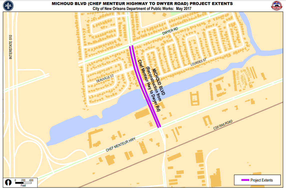 Map of Michoud Blvd (Chef Menteur Blvd - Dwyer Rd)